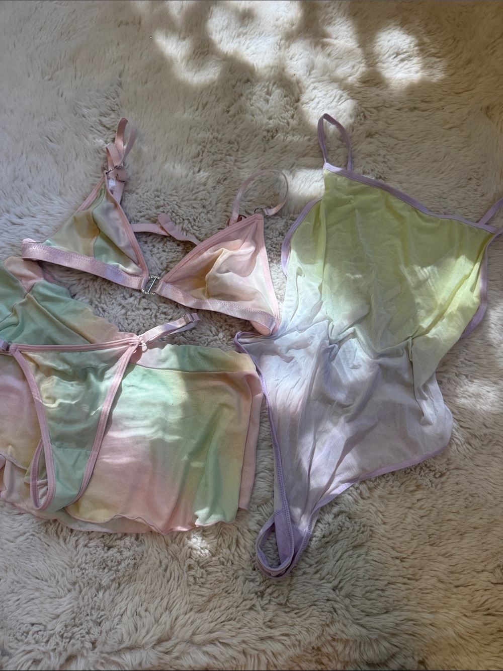 Sheer Pastel Tie-Dye Mesh Lingerie Set - Triangle Bralette & Mini Skirt